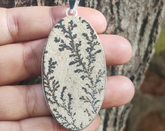 Large Psilomelane Dendrite Sterling Silver Pendant, German Gem, Dendritic Gemstone, Oval Statement Piece, Scenic, Natural Stone Jewelry