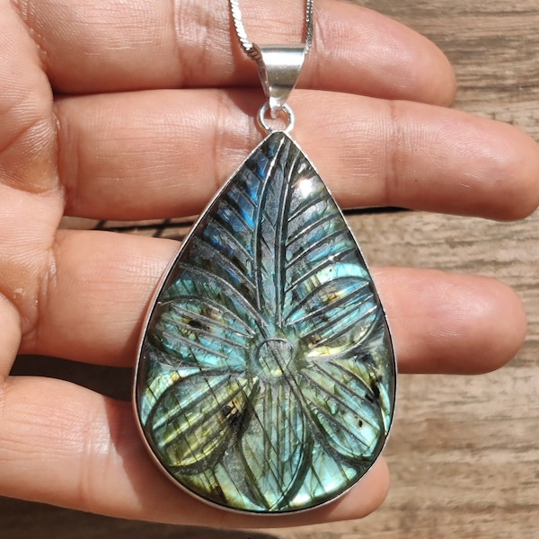 Hand carved Labradorite Pendant Necklace - Large Pear Shape Flashy Labradorite Pendant - Sterling Silver Labradorite Pendant 52 x38 mm