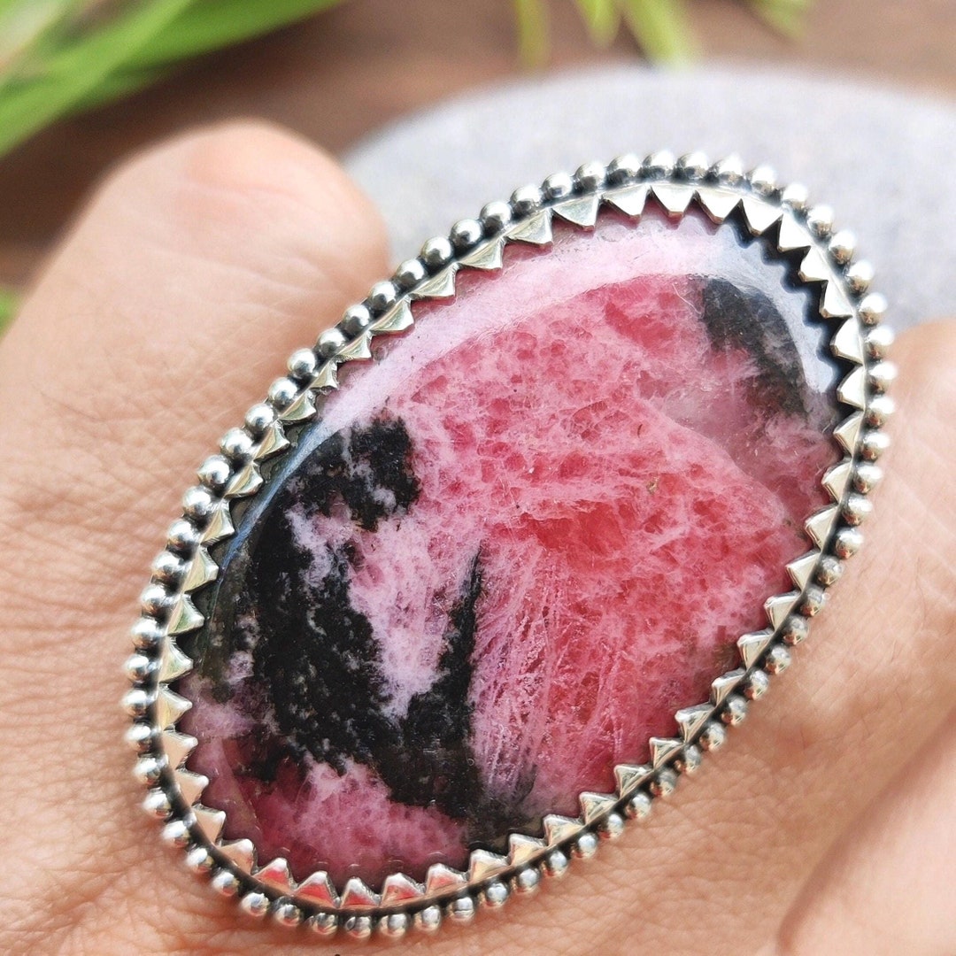 Big Rhodonite Ring,925 Solid Silver Ring ,pink Stone Ring, Oval Shape ...