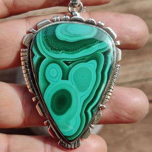 Large Unique Malachite Pendant-Malachite Jewelry-Green Gemstone Pendant- Handmade Malachite Boho Necklace in 925 Sterling Silver 52mm Length