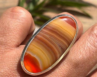 OOAK Banded Agate Yellow Orange Oval Ring 40x20mm - Striped Banded Stone Ring-Bold Cocktail Ring Gift for Her-Boho Jewelry US -8