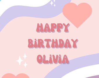 Può includere: Un biglietto di auguri di compleanno rosa e bianco con un design arcobaleno e il testo "Happy Birthday Olivia".