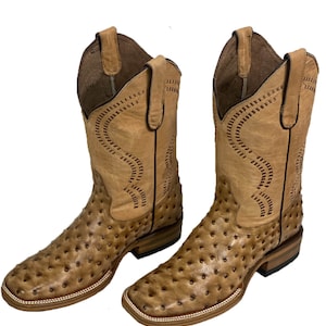 Men&#39;s Genuine Cowhide Ostrich Print Leather Wide Square Toe Boots Handcrafted
