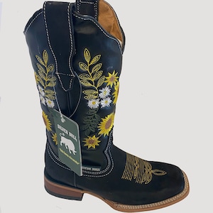 Vrouwen Echt Lederen Cowboy Cowgirl Rodeo Laarzen met Zonnebloem borduurwerk