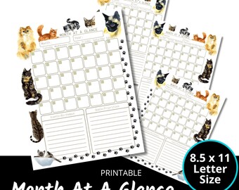 2 Page Monthly Planner PDF Printable Cat, Sunday Monday Start, Monthly ...