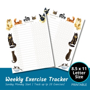 Könnte beinhalten: Druckbarer wöchentlicher Übungstracker mit Katzenmotiv. Der Tracker verfügt über ein Raster zum Protokollieren von bis zu 20 Übungen pro Tag, mit Spalten für jeden Tag der Woche. Der Tracker ist 8,5 x 11 Zoll groß.