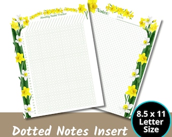 Dotted Notes Insert Printable PDF Page, Dot Grid, Notes Page,  Floral Theme, Daffodil, Planner Page, US Letter Size
