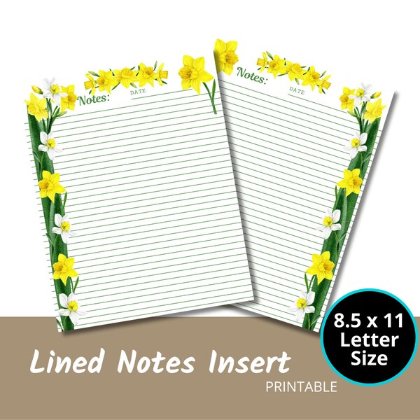 Lined Notes Insert Printable PDF Page, Lined Notes Page, Floral Theme, Daffodil, Planner Page, US Letter Size