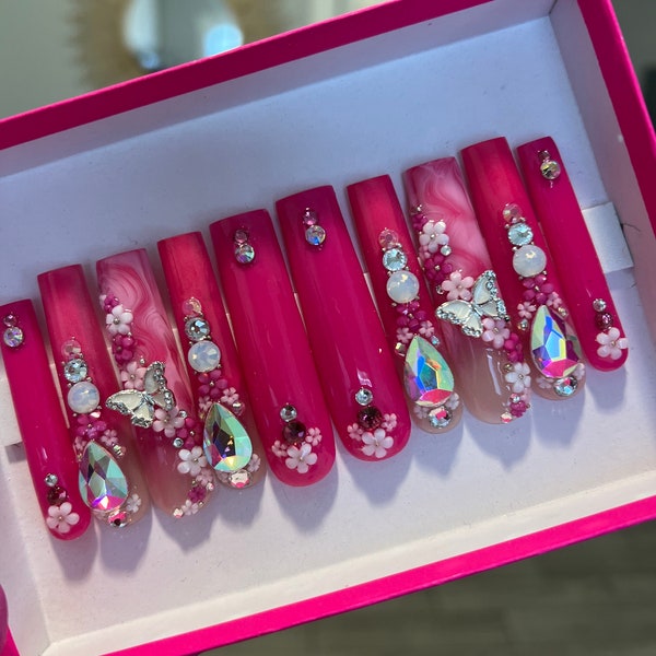 4XL Square Extendo Hot Pink Barbie Inspired Nails| Press On Nails|Bling Nails|Pink Marble Nail| Floral nails|Flower nail charms|Long nails