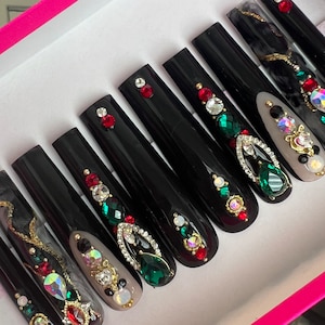 4XL Coffin Extendo Nails| Afrocentric Inspired Press On Nails| Black Nails | Marble Nail Design| Red & Green Nail Charms and Rhinestones