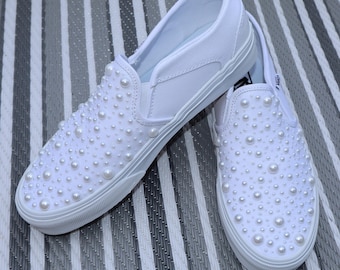 Zapatos personalizados con adornos parcialmente perlados, zapatos de boda, zapatos de novia, zapatos de novio, zapatos de recepción, furgonetas de boda, furgonetas personalizadas