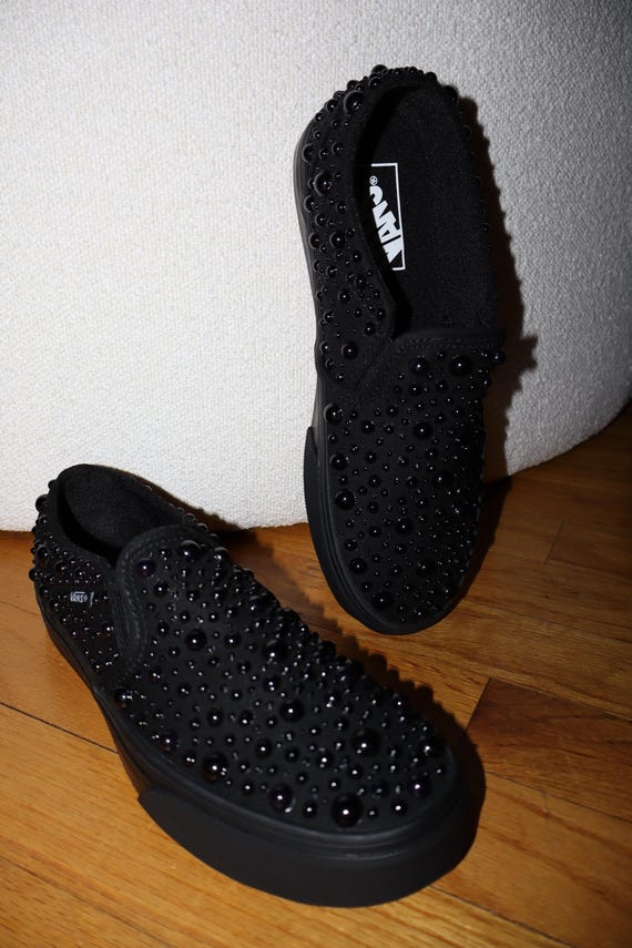 Custom Pearl Embellished Shoes, Alternate Wedding Shoes, Bride Shoes, Reception Shoes, Wedding Vans, Custom Vans, Black Wedding Shoes