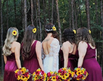 Sunflower and burgundy rose bridal bouquet.
