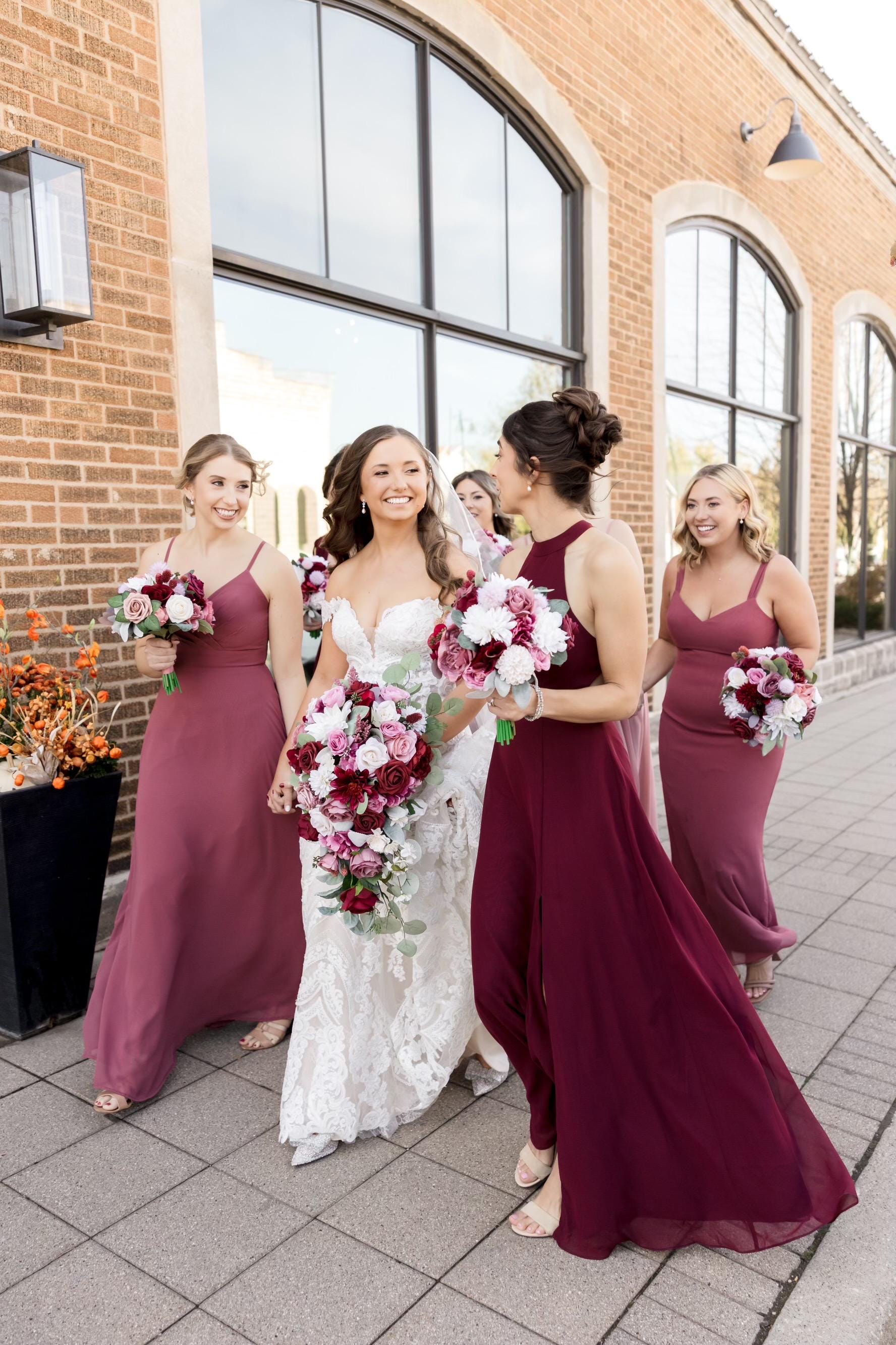 blush pink and burgundy bridesmaid dresses Burgundy, Dusty Rose, Mauve, Pink, Cream Bridal Sheath Fabric