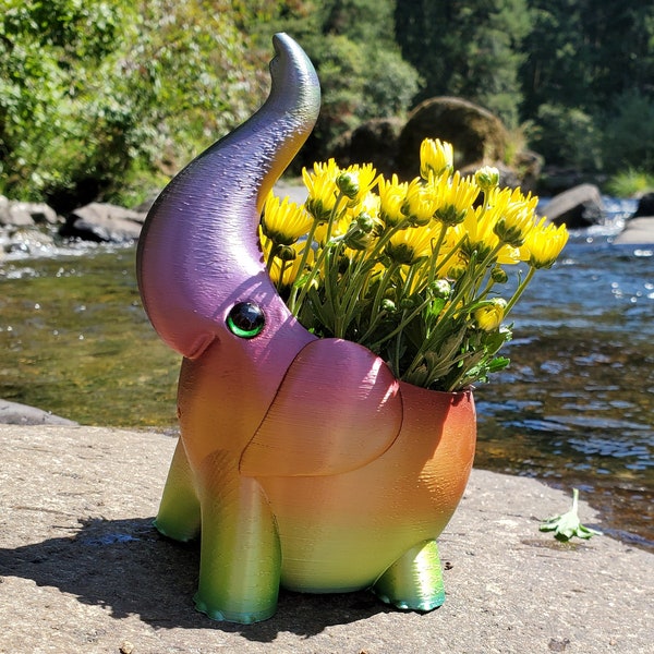 Darling Elephant Plant Pot with Brilliant Glass Eyes // Base Color or RAINBOW SERIES // full Drainage Creature Feature //