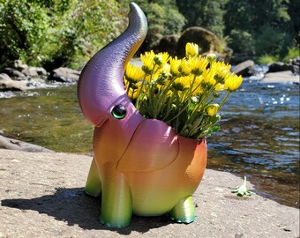 Darling Elephant Plant Pot with Brilliant Glass Eyes // Base Color or RAINBOW SERIES // full Drainage Creature Feature //