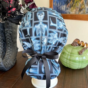 X-Ray Print Ponytail Scrub Cap: Optional Satin Lining & Mask Buttons