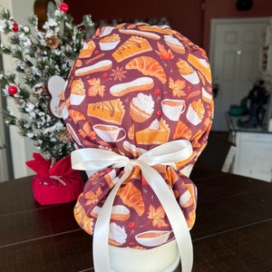 Pumpkin Pie Ponytail Scrub Cap: Optional Satin Lining & Mask Buttons