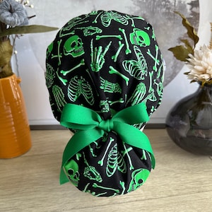 Glow in the Dark Skeleton Ponytail Scrub Cap: Optional Satin Lining & Mask Buttons