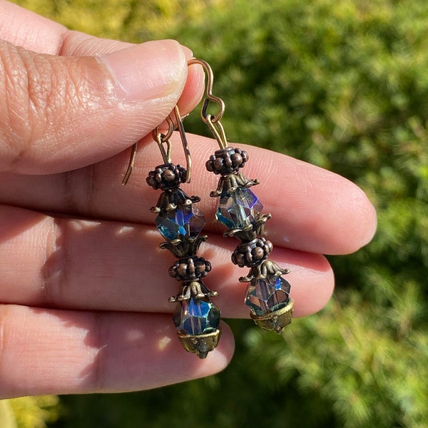 Handmade ancient antique bronze brass ocean blue glass crystal Tibetan tribal Goa India bead mini dangle drop earrings witch boho travelers