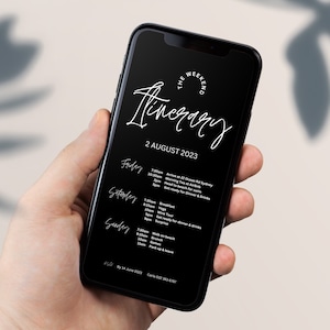 Classy Black Simple Digital Itinerary Weekend Planner Mobile Invitation Family Reunion Digital Download Friends Trip Instant Canva Template