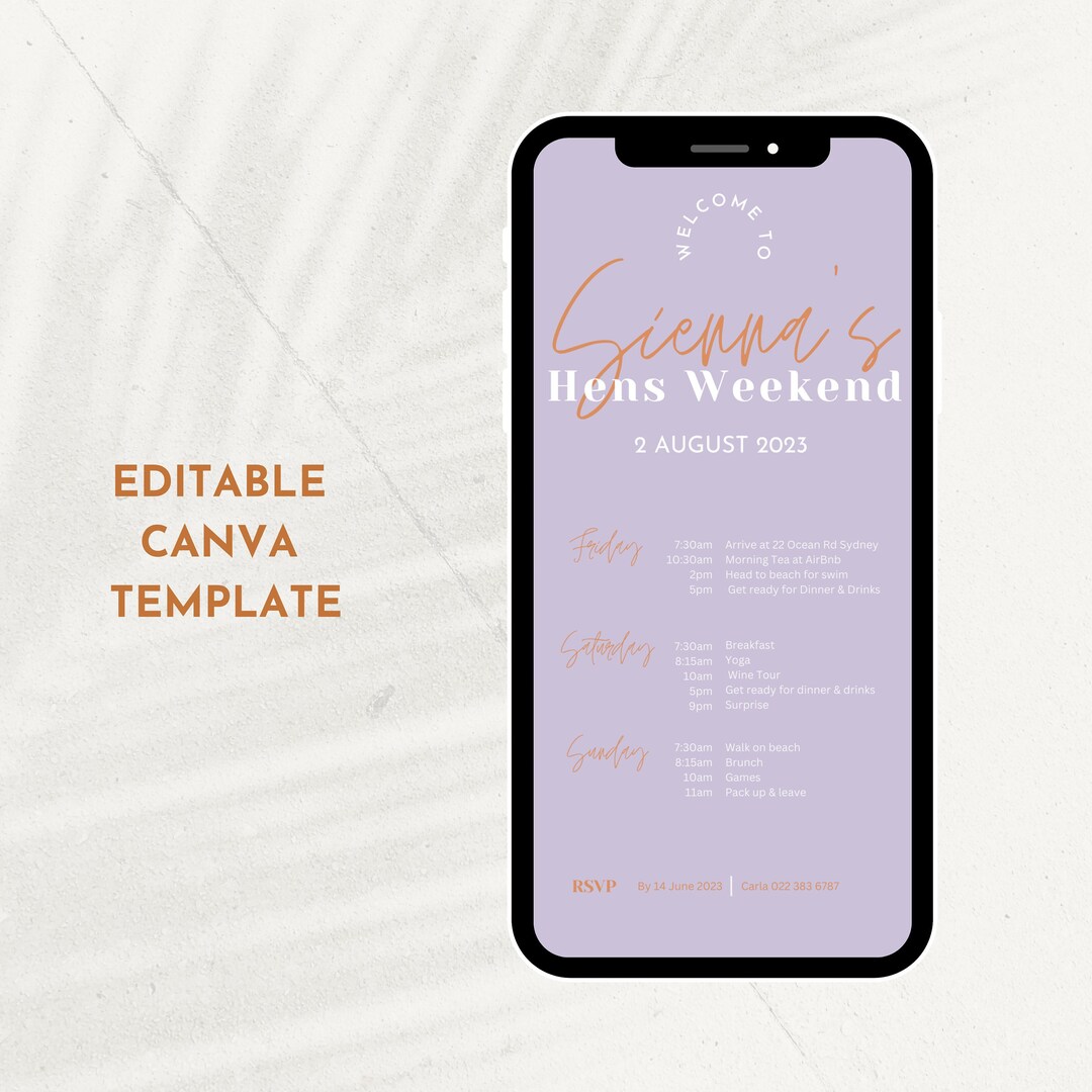 Hen Weekend Loading Lavender Hens Do Digital Itinerary Template Editable Canva Template ...