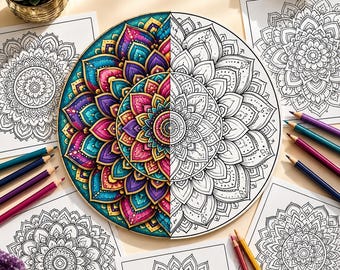 Puede incluir: Un diseño de mandala circular dividido en dos mitades, un lado con tonos vibrantes de turquesa, magenta y dorado, y el otro lado mostrando arte lineal en blanco y negro. Varias páginas para colorear con patrones similares rodean el centro.