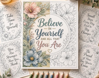Pagine da colorare con citazioni motivazionali per adulti, 50 fogli stampabili / Cura di sé per la salute mentale / Attività di mindfulness per alleviare lo stress / PDF