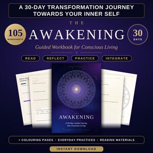 Op de afbeelding: Een 30-daags begeleid werkboek getiteld The Awakening, met 105 werkbladen voor bewust leven. De omslag toont een paars mandala-ontwerp. Inbegrepen zijn pagina's voor lezen, reflecteren, oefenen, integreren en kleurplaten.