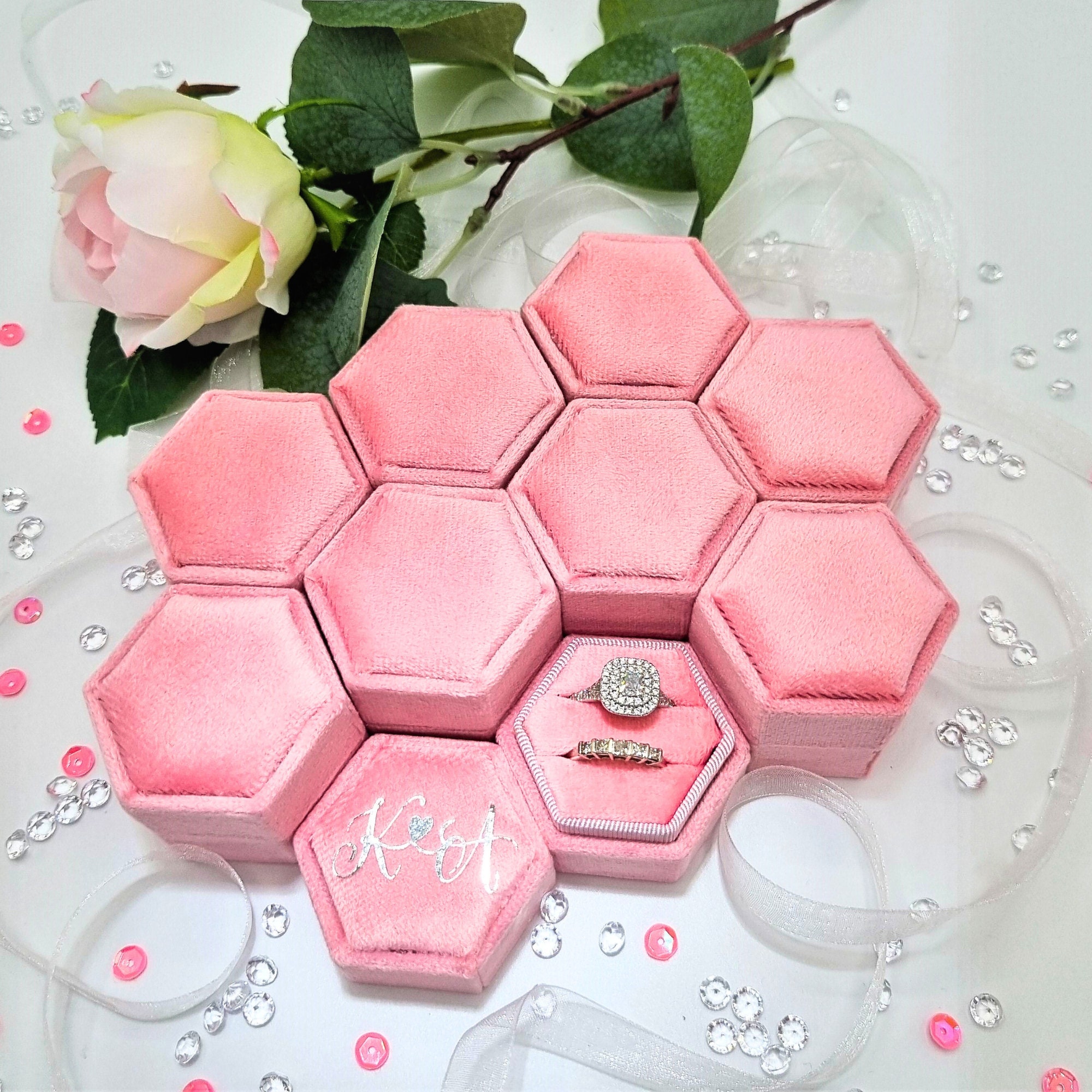 Velvet Ring Box Pink Hexagonal With Two Slots Personalised - Etsy UK