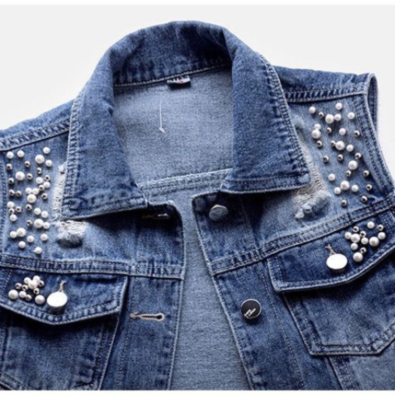 Faux Pearl Beaded Blue Denim Vest Sleeveless Denim Jacket - Etsy