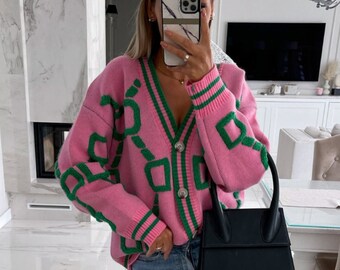 Winter Women Cardigan V-neck Green Striped Pink Knit Button - Etsy
