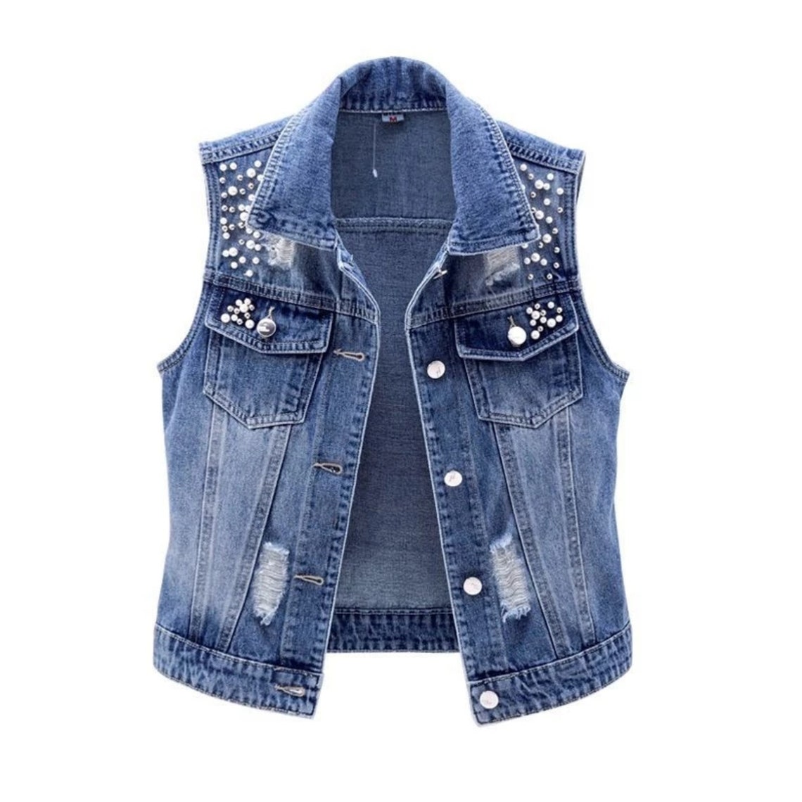 Faux Pearl Beaded Blue Denim Vest Sleeveless Denim Jacket - Etsy