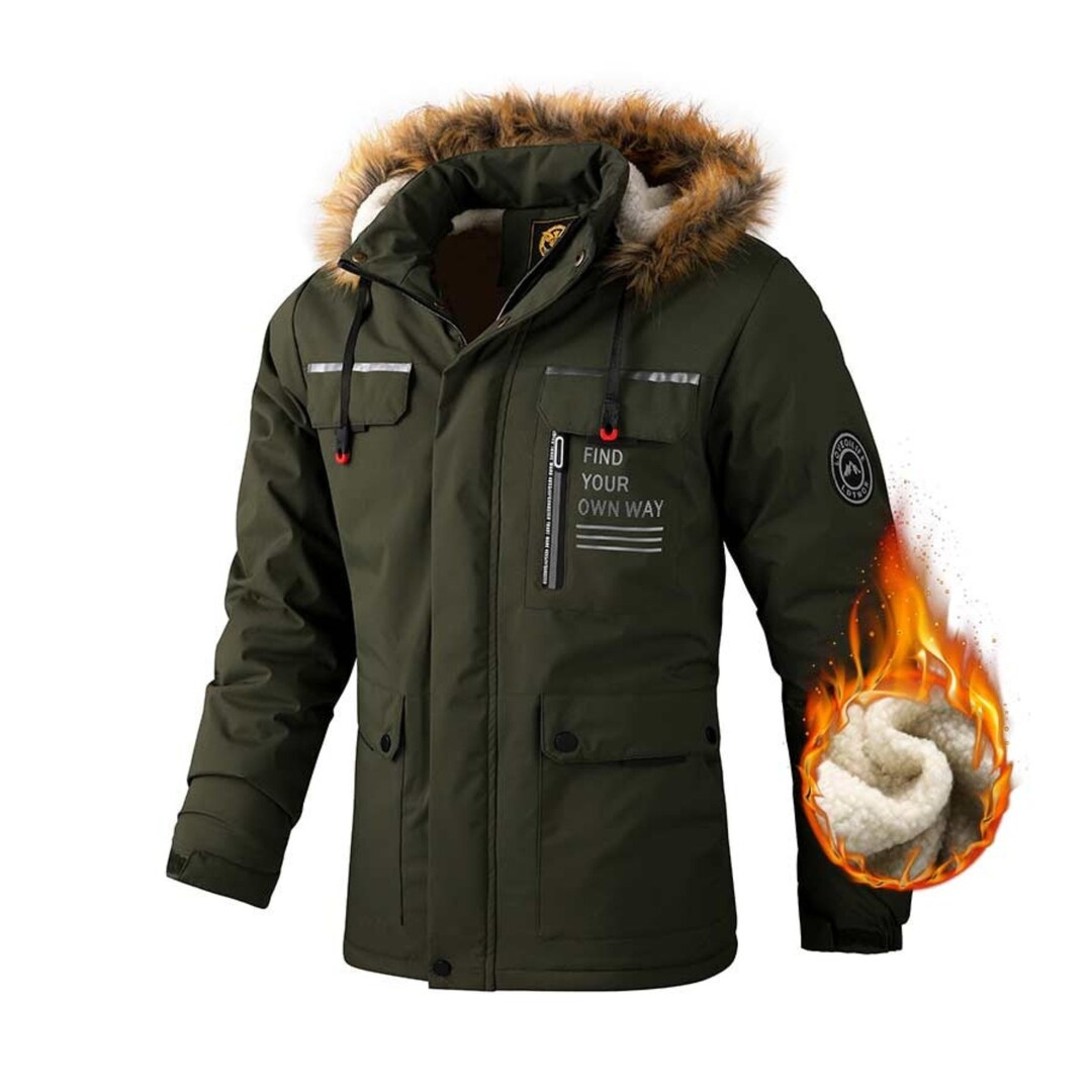 Winter Army Green Hooded Fur Collar Windbreaker Fleece Warm Etsy