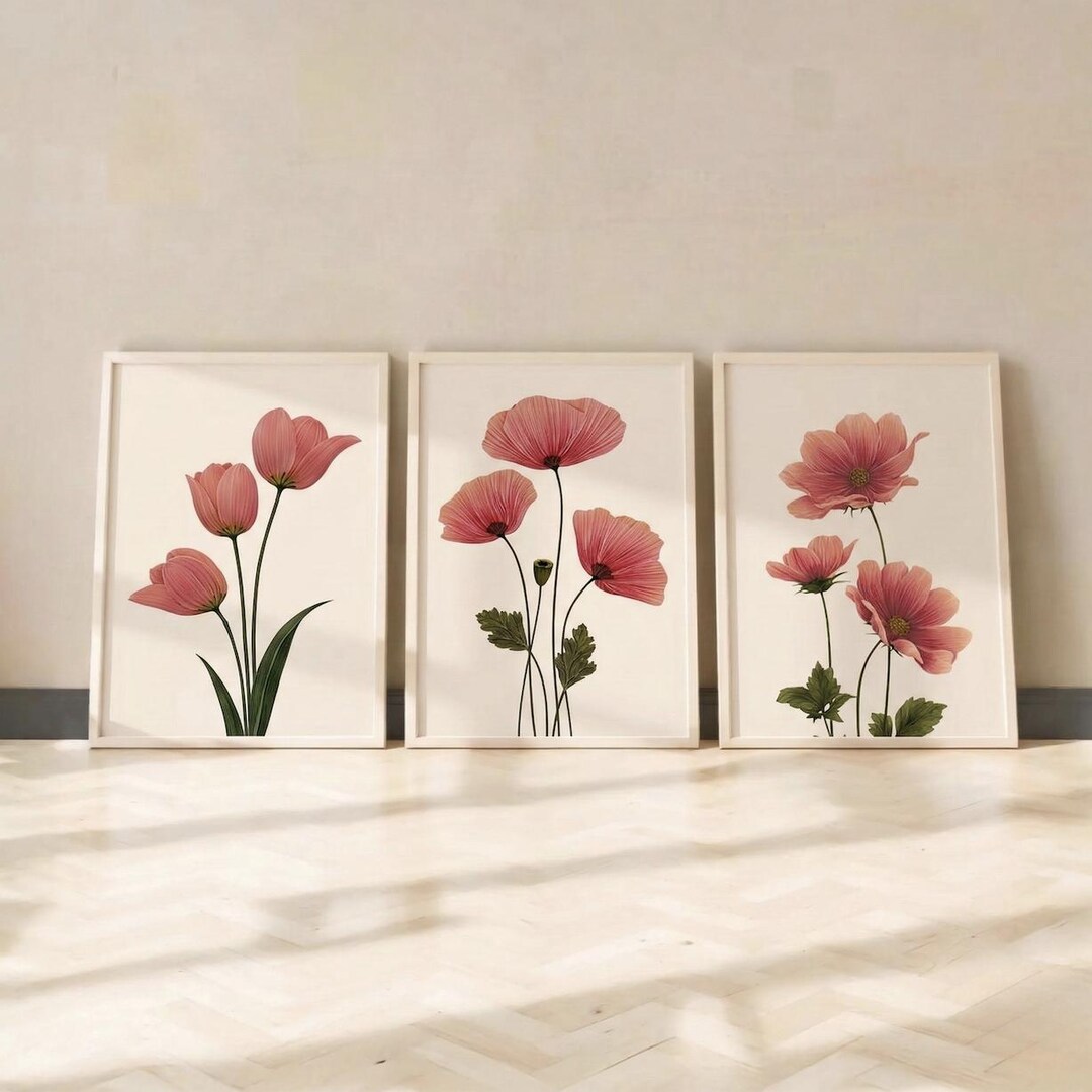 Set of 3 Coral Botanical Prints | Minimalist Floral Wall Art (digital ...
