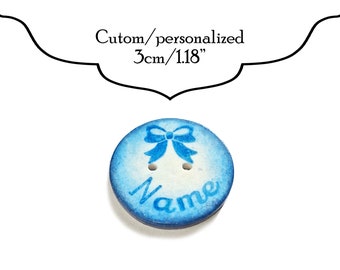 PERSONALIZED BABY BUTTON for sweater custom hand made tag for baby knitted boots chrochet and sewing 3cm 1 3/16" blue polymer clay