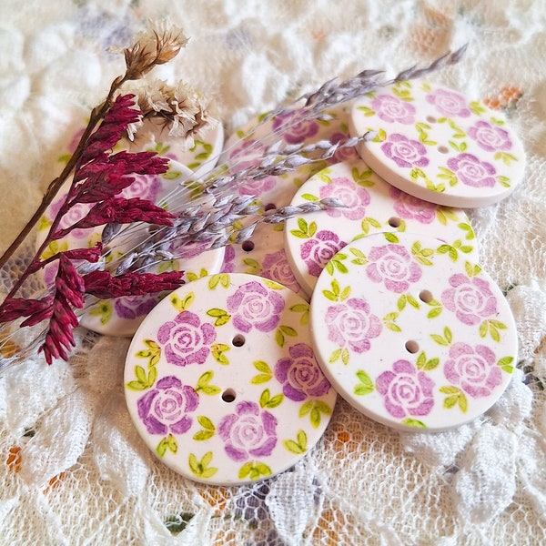 LARGE WHIMSICAL BUTTONS dreamy floral decorative buttons for cardigan shabby chic purple roses buttons pack of 8 craft buttons