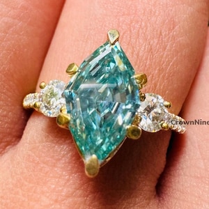 Handmade Blue Green Moissanite Ring: Dutch Marquise Sterling Silver Wedding Ring