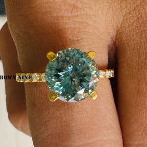 Portuguese Cut Cyan Green Blue Moissanite Engagement Ring | 9mm 2.20 CT Solitaire | Unique Sterling Silver Ring | Anniversary Gift