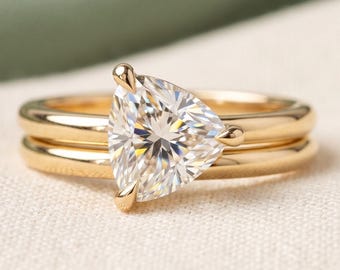 2 CT Trillion cut Solitaire Engagement Bridal Promise Ring Wedding Band Solid 14k Gold  Moissanite Diamonds Ring Set, Solitaire Wedding Ring