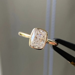 2CT Cushion Cut Moissanite Bezel Engagement Ring  14K Yellow Gold, Elongated Cushion, Unique Promise or Anniversary Gift