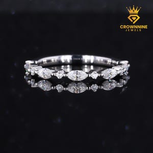 Diamond Half Eternity Band | Marquise & Round Cut Stacking Ring | Minimalist Solid Gold Wedding Ring | Enhancer Band for Women