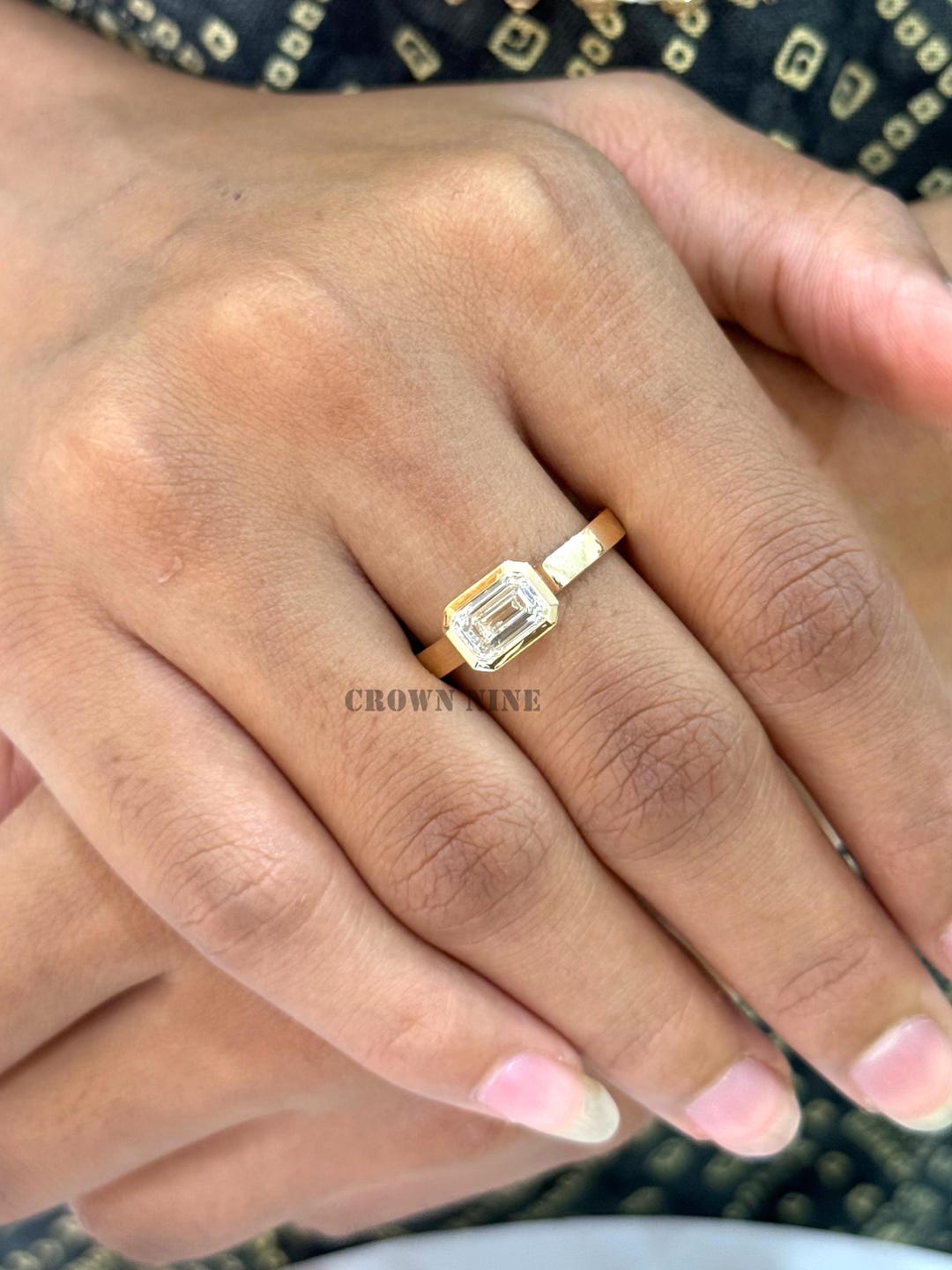 Emerald Cut Lab Grown Diamond Ring, 14K Solid Gold Bezel Solitaire ...