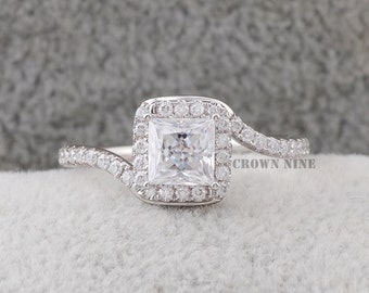 1.00 CT Princess Cut Moissanite Ring/ 14KT Solid Gold Halo Promise Ring/ Half Eternity Moissanite Ring/ Moissanite Engagement Ring For Her