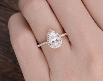 2 Ct Pear Cut Moissanite Halo Engagement Ring/ Rose Gold Colorless Moissanite Ring/ Half Eternity/ Antique Pear Anniversary Ring.