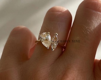 Moissanite Toi Et Moi Ring: 14K Gold Pear & Marquise Engagement Ring