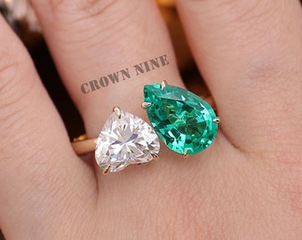 Heart & Green Pear Cut Moissanite Toi Et Moi Ring / Moissanite Two Stone Engagement Ring / Moissanite Ring Gift For Girlfriend