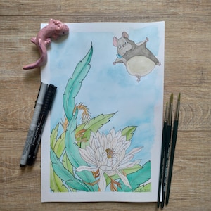 Studio Ghibli und Japanische Blume. Aquarell auf 300 g Baumwollpapier