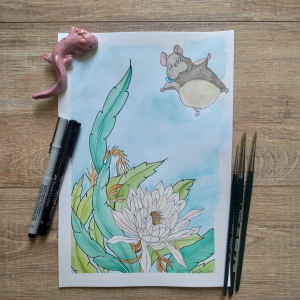 Studio Ghibli en Japanse bloem. Aquarel in 300 g katoenpapier