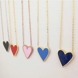 14K Gold Enamel Heart Necklace, Lovely Heart Pendant Necklace, heart enamel choker, Jewerly Minimal Gold Enamel Necklace, Valentines Jewelry